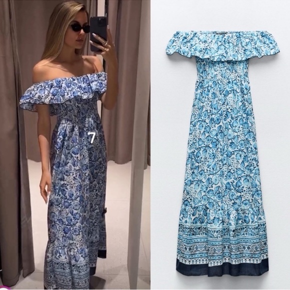 ZARA Portofino FLORAL PRINT OFF THE SHOULDER DRESS - Picture 2 of 12